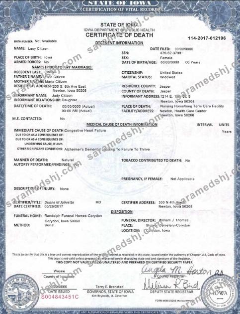 USA Iowa state death certificate template in PSD format
